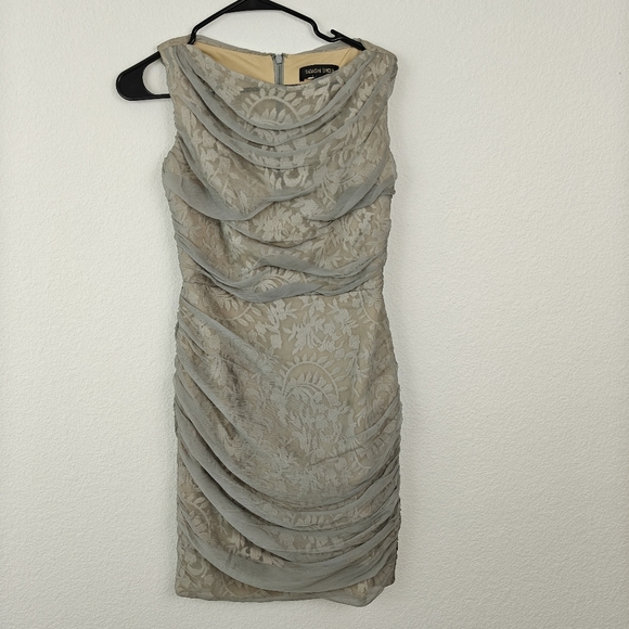 Tadashi Shoji Silk Chiffon Ruched Lace Sheath Dress Women's Size 4 Gray Formal - Picture 2 of 10